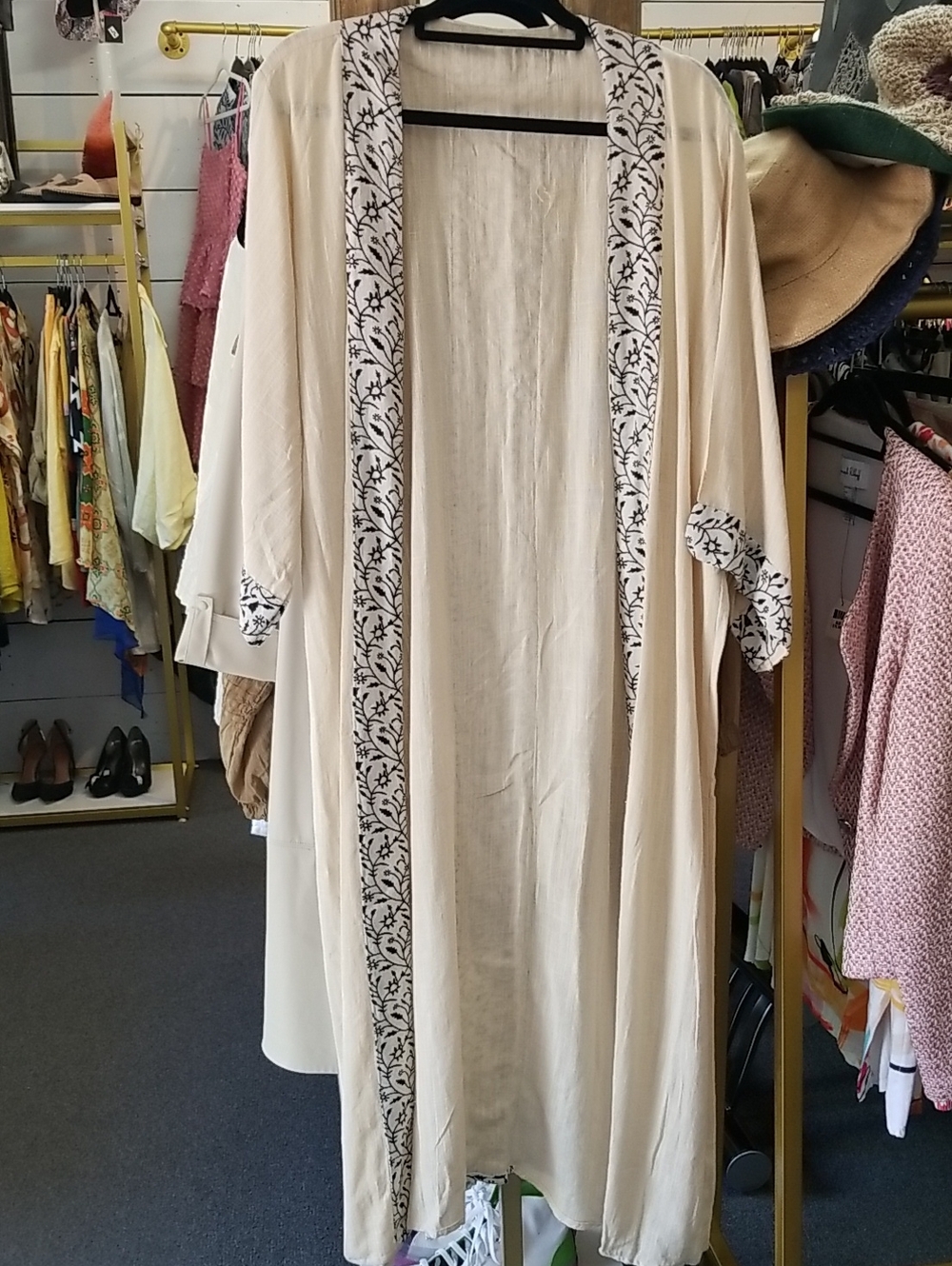 Cream Embroidered Long Kimono Robe with Black Trim
